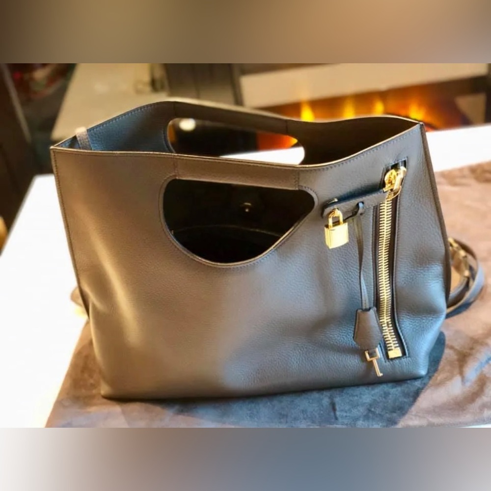 Tom Ford Grained Calfskin Alix Padlock Zip Tote features oversized gold zipper